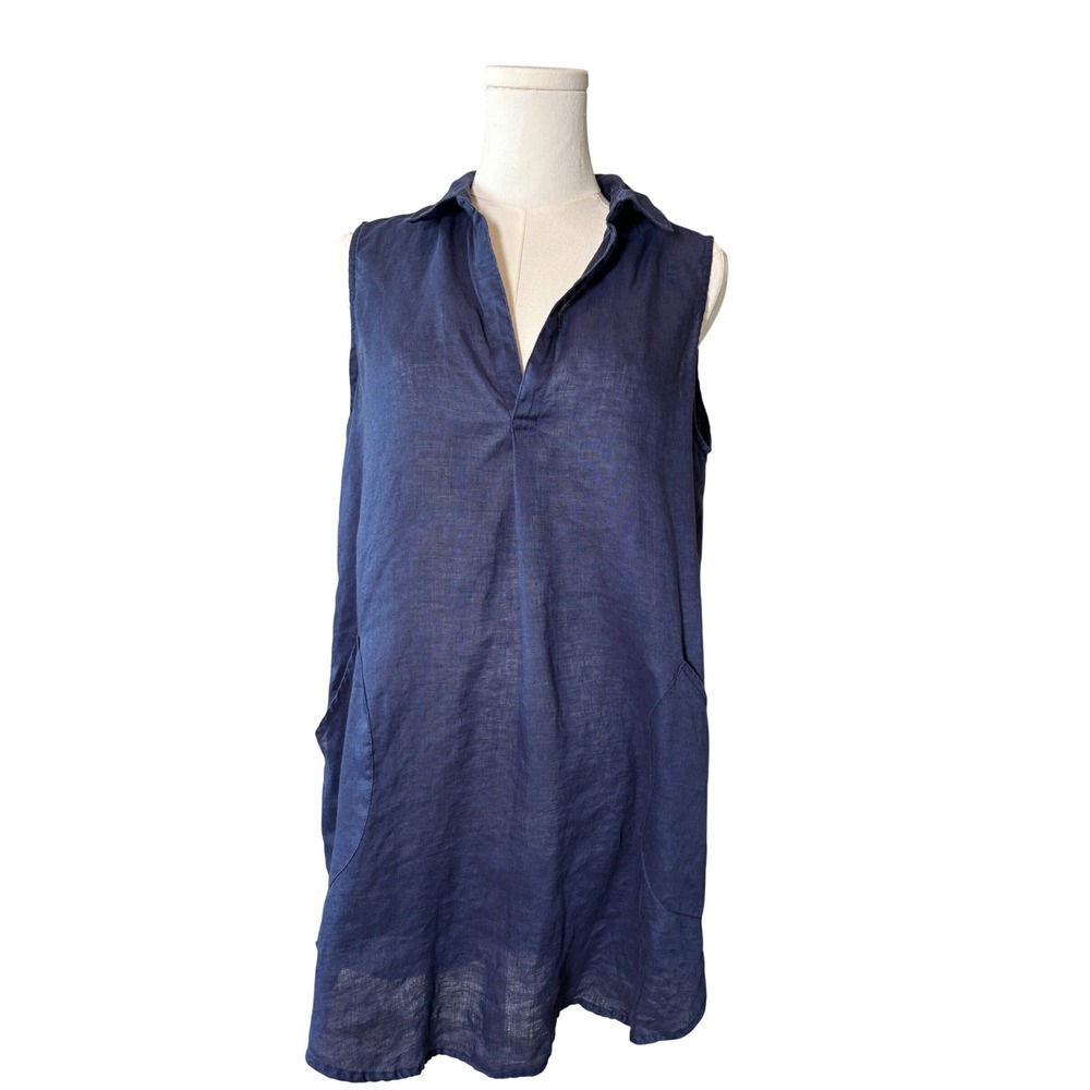 Forcynthia Beachwear Navy Blue 100% Linen Sleeveless Tunic Dress M Lagenlook